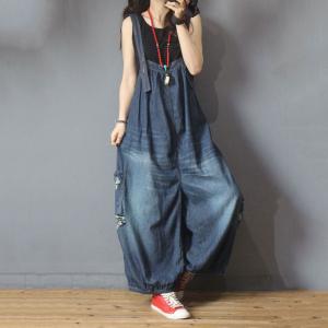 Comfy Style Backless Flared Overalls Plus Size Distressed Jean Jumpsuits