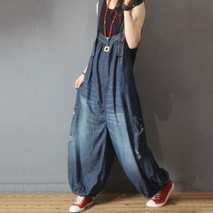 Comfy Style Backless Flared Overalls Plus Size Distressed Jean Jumpsuits