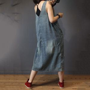 Folk Style Totem Patchwork Denim Overall Dress Loose A-Line Dress