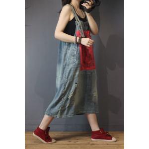 Folk Style Totem Patchwork Denim Overall Dress Loose A-Line Dress