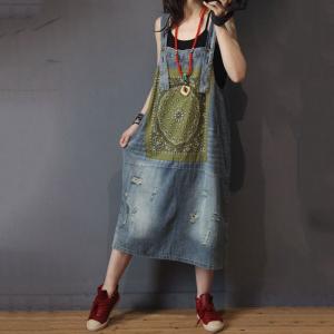 Folk Style Totem Patchwork Denim Overall Dress Loose A-Line Dress