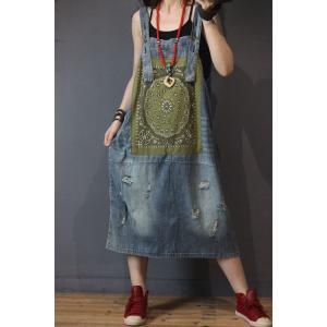 Folk Style Totem Patchwork Denim Overall Dress Loose A-Line Dress