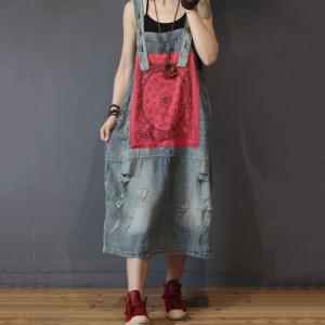 Folk Style Totem Patchwork Denim Overall Dress Loose A-Line Dress