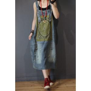 Folk Style Totem Patchwork Denim Overall Dress Loose A-Line Dress