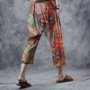 Colorful Patchwork Ethnic Blouse with Ramie Straight Leg Pants