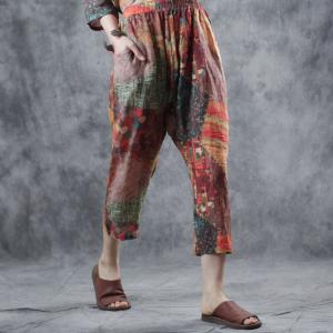 Colorful Patchwork Ethnic Blouse with Ramie Straight Leg Pants