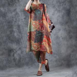 Colorful Patchwork Ethnic Blouse with Ramie Straight Leg Pants