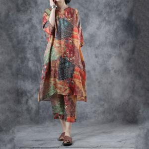 Colorful Patchwork Ethnic Blouse with Ramie Straight Leg Pants