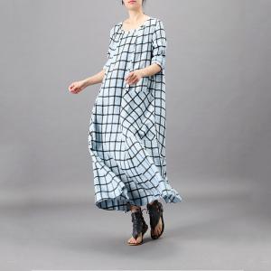 Big Front Pockets Plain Tartan Dress Loose Flared Grid Frock