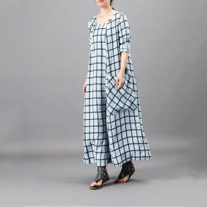 Big Front Pockets Plain Tartan Dress Loose Flared Grid Frock