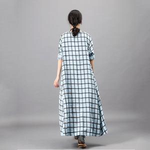 Big Front Pockets Plain Tartan Dress Loose Flared Grid Frock