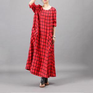 Big Front Pockets Plain Tartan Dress Loose Flared Grid Frock