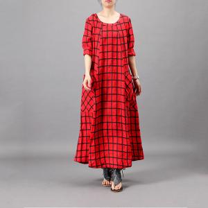 Big Front Pockets Plain Tartan Dress Loose Flared Grid Frock