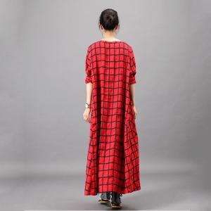 Big Front Pockets Plain Tartan Dress Loose Flared Grid Frock