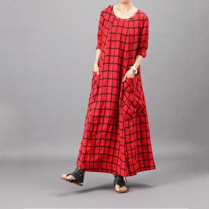 Big Front Pockets Plain Tartan Dress Loose Flared Grid Frock