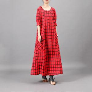 Big Front Pockets Plain Tartan Dress Loose Flared Grid Frock