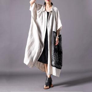 Black Printed Patchwork Japanese Cardigan Beige Linen Plus Size Shirt Dress