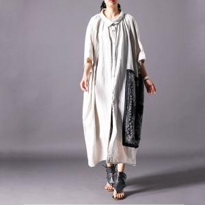 Black Printed Patchwork Japanese Cardigan Beige Linen Plus Size Shirt Dress