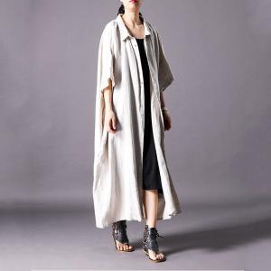 Black Printed Patchwork Japanese Cardigan Beige Linen Plus Size Shirt Dress