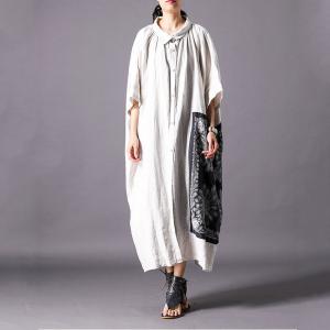 Black Printed Patchwork Japanese Cardigan Beige Linen Plus Size Shirt Dress