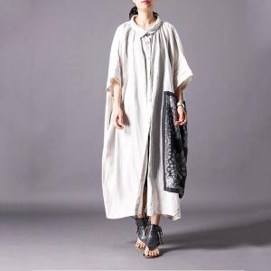 Black Printed Patchwork Japanese Cardigan Beige Linen Plus Size Shirt Dress