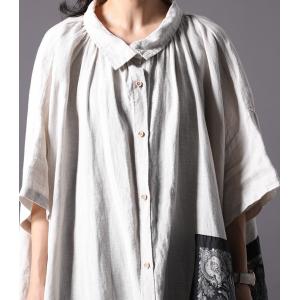 Black Printed Patchwork Japanese Cardigan Beige Linen Plus Size Shirt Dress