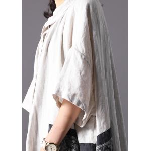 Black Printed Patchwork Japanese Cardigan Beige Linen Plus Size Shirt Dress