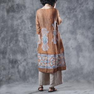 Folk Style Oversized Long T-shirt Ethnic Printed Knee Length Dress
