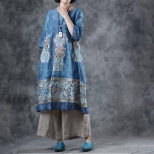 Folk Style Oversized Long T-shirt Ethnic Printed Knee Length Dress