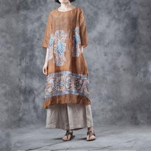 Folk Style Oversized Long T-shirt Ethnic Printed Knee Length Dress