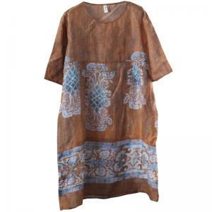 Folk Style Oversized Long T-shirt Ethnic Printed Knee Length Dress