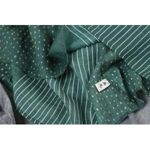 Classical Loose Ramie A-Line Dress Striped and Polka Dot Green Dress