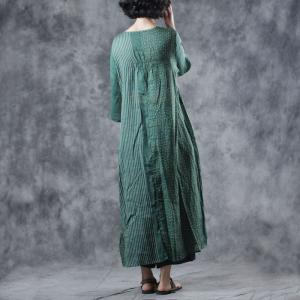 Classical Loose Ramie A-Line Dress Striped and Polka Dot Green Dress