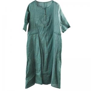 Classical Loose Ramie A-Line Dress Striped and Polka Dot Green Dress