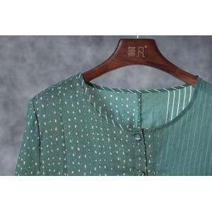 Classical Loose Ramie A-Line Dress Striped and Polka Dot Green Dress