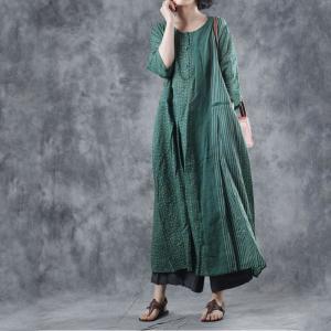 Classical Loose Ramie A-Line Dress Striped and Polka Dot Green Dress