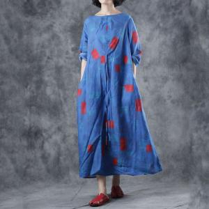Red Rectangle Flare Ramie Casual Oversized Blue Geometric Dress