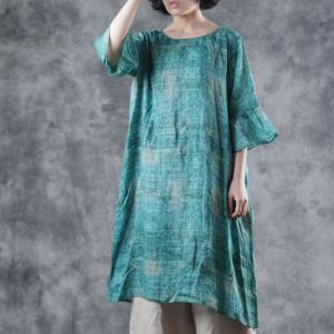 Beautiful Mandarin Sleeve Summer Tunic Dress Knee Length Green Dress