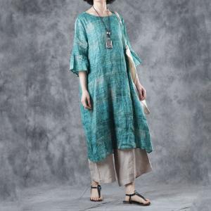 Beautiful Mandarin Sleeve Summer Tunic Dress Knee Length Green Dress