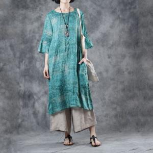 Beautiful Mandarin Sleeve Summer Tunic Dress Knee Length Green Dress