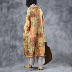 Spring Fashion Yellow Paisley Tunic Dress Loose Ramie Short Dress