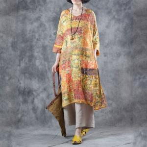 Spring Fashion Yellow Paisley Tunic Dress Loose Ramie Short Dress