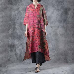 Artistic Geometric Printed Red Dress Asymmetrical Tunic Dress