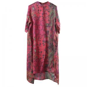 Artistic Geometric Printed Red Dress Asymmetrical Tunic Dress