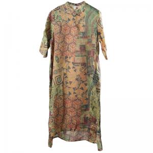 Green Printed Geometric Dress Vintage Shirt Dress for Senior Woman