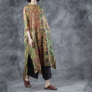 Green Printed Geometric Dress Vintage Shirt Dress for Senior Woman