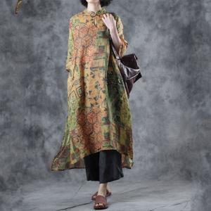 Green Printed Geometric Dress Vintage Shirt Dress for Senior Woman