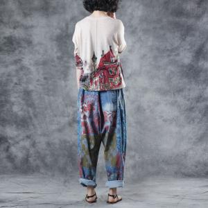 Over50 Style Blue Printed Harem Pants Baggy Cotton Street Wear