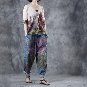 Over50 Style Blue Printed Harem Pants Baggy Cotton Street Wear