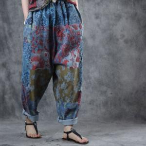 Over50 Style Blue Printed Harem Pants Baggy Cotton Street Wear